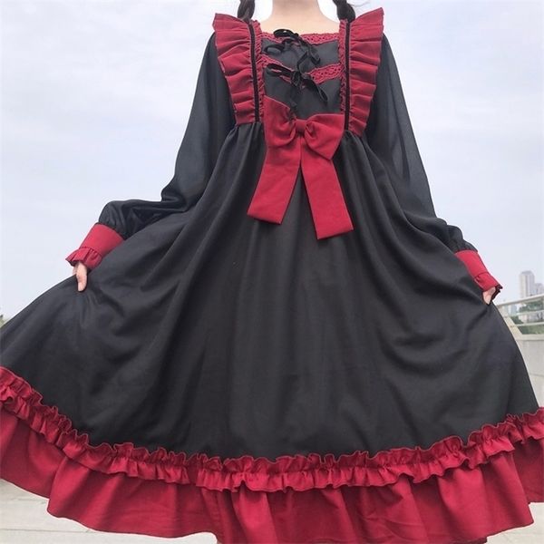 

2021 japanese harajuku gothic bandage splice sweet lolita girl cosplay kawaii ruffles bow women party dress, Black;gray