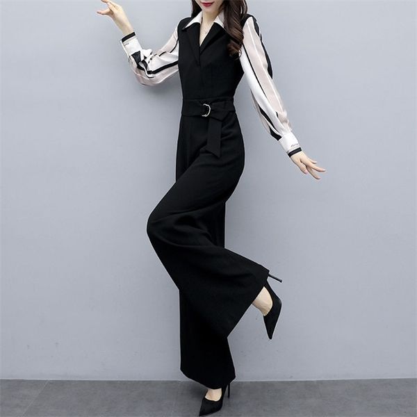 

casual office lady v-neck fake two pieces wide leg jumpsuits korean style high waist long sleeve black rompers loose women, Black;white