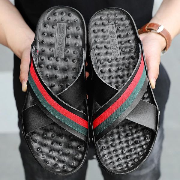 

slippers 2021 fashion summer shoes designer men's genuine leather beach sandals men casual flip flops big size 38~48, Black