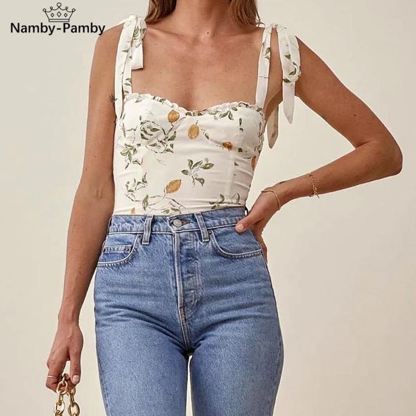 

women's blouses & shirts 2021 summer women back elastic floral tie-string squiggle printed mini bandage cami backless cropped slin, White