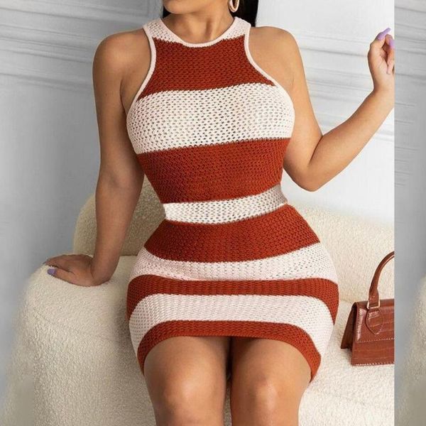 

casual dresses women knitted dress striped sweater colorblock sleeveless slim cut-out mini bodycon for 2021, Black;gray