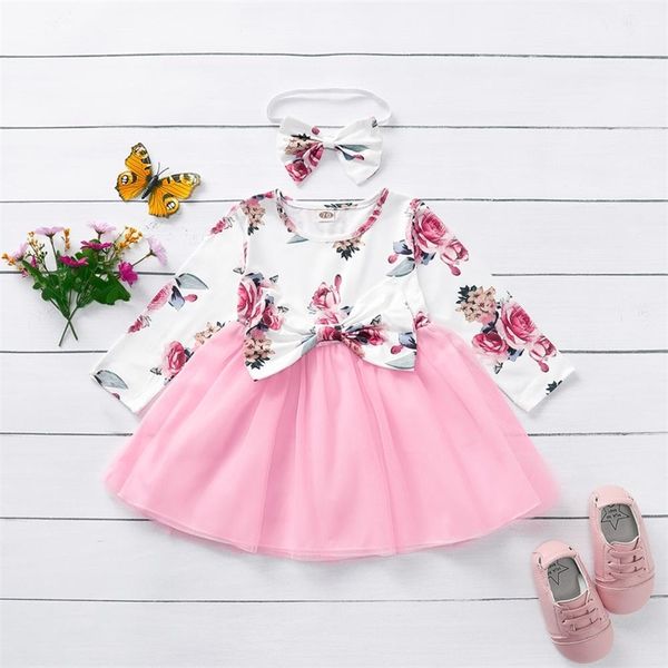 

girl spring baby clothes 18 months long sleeve flower print bow-tie tulle dress birthday party outfits 210315, Red;yellow