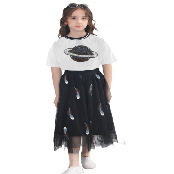 

clothing sets summer teenagers girls 2-pcs cartoon universe t-shirts + feather skirt teen e539 y3ad, White