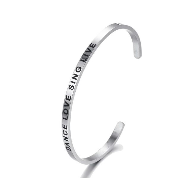 

bangle silver inspirational stainless steel engraved positive quote handmade cuff mantra bracelets for women gifts, Black