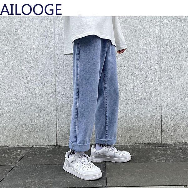 

men's jeans mens kpop solid denim pants couple high waisted vintage oversized joggers men grey streetwear baggy, Blue