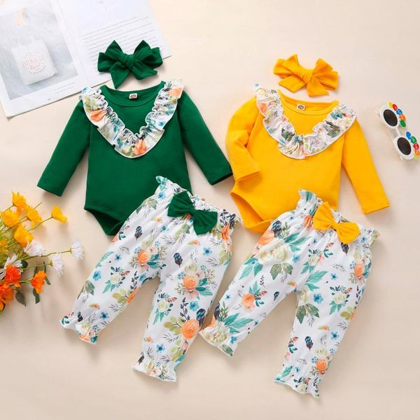 

clothing sets autumn winter baby girls romper ruffles bodysuit+floral printed pants headbands outfits born girl clothes children suits, White