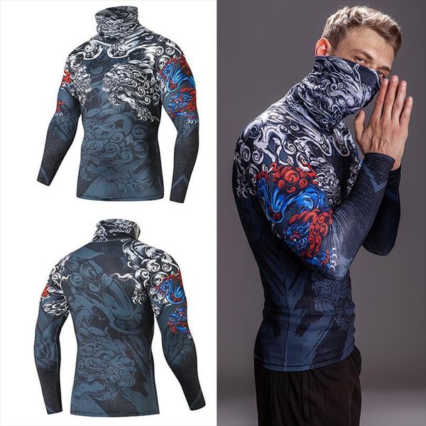 

high collar with mask streetwear mens t shirt gym casual 3d fitness compression shirts lapel underwear thermal male, White;black