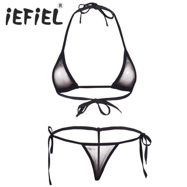 

bras sets iefiel women lingerie erotic set mesh halter bikini bra with tie side g-string sleepwear bodysuit costume, Red;black