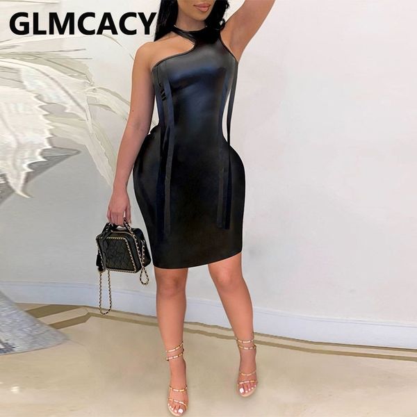 

women plus size halter sleeveless pu bodycon mini dress 210702, Black;gray