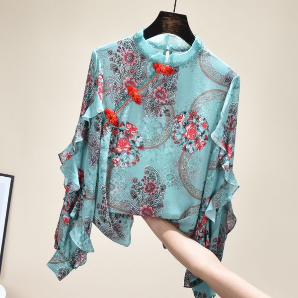 

women chinese traditional style shirts chiffon blouses loose vintage cheongsam for women printed floral shirt 11071, Red