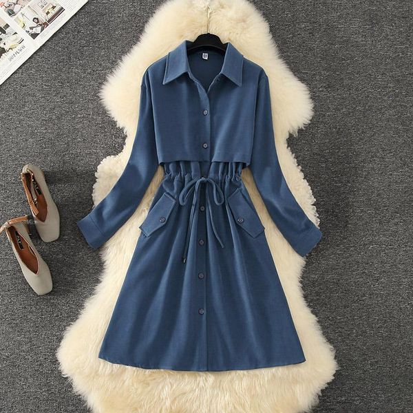 

casual dresses 2021 autumn button down shirt dress drawstring elegant fashion office lady turn collar slim waist pocket long, Black;gray