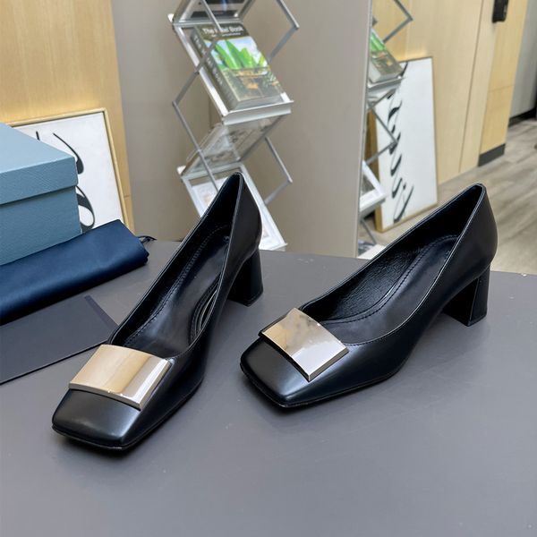 

designer heels women's shoes women high thick heel all-match dinner retro round toe single dancing shoe autumn cowhide versatile metal, Black