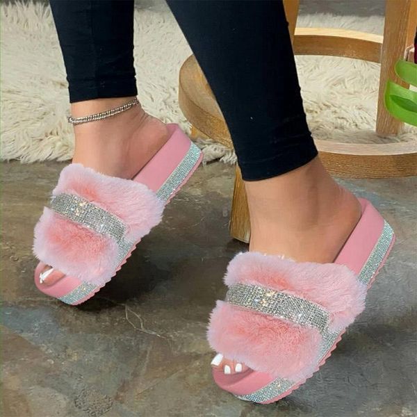 

fluffy slippers furry slides rhinestone platform luxury women sandals low heel thick sole candy colors summer ladies, Black
