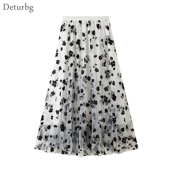 

casual dresses women's sweet floral flocked midi long tulle skirt korean female high waist 3 layer mesh pleated skirts faldas autu, Black;gray
