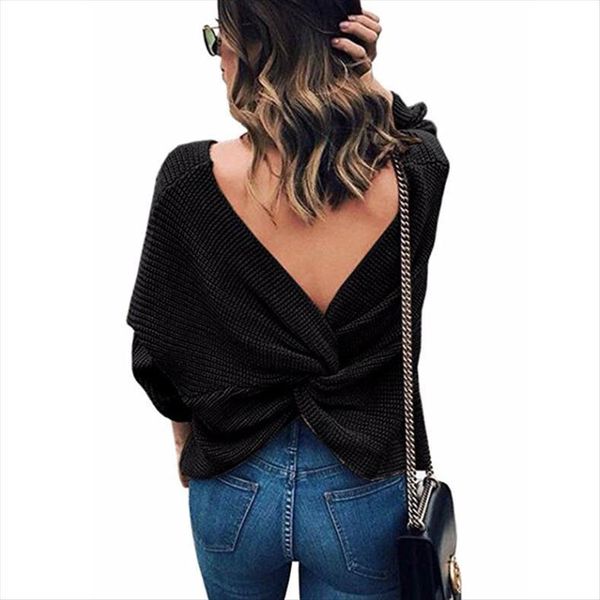 

autumn spring women open womens sweater back long sleeve v neck lovely pullovers knitted loose sweaters lady girls, White;black