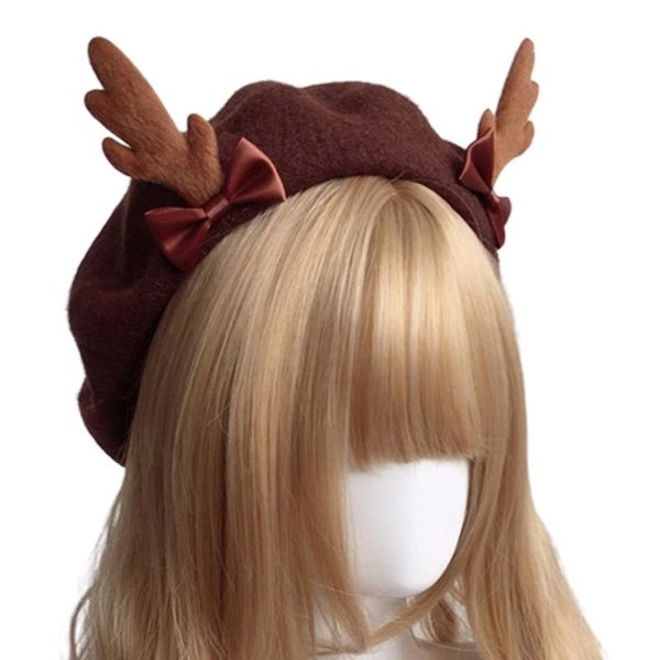 

berets fashion girl antler beret wool painter hat vintage cute deer antlers biscuits for women costume headwear, Blue;gray