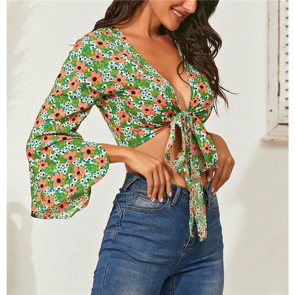 

women's t-shirt 2021 fashion trend women casual crop boho green floral printed pattern long flared sleeves deep v-neck fitting t-shirt, White