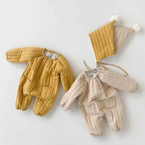 

newborn infant baby boys girls pure color rompers hat clothing autumn winter kids boy girl long sleeve thicken rompers clothes, White