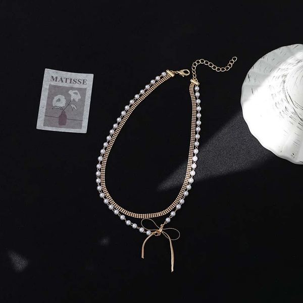 

chokers double bow necklaces for women, fashion summer, 2021, overlapping clavicle chain, Golden;silver
