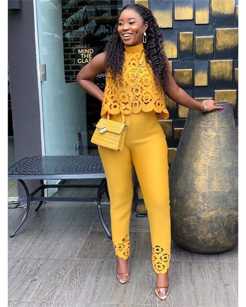 

two piece dress high neck lace hollow out & pants set, White