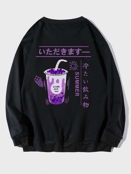

men japanese letter & milk tea print sweatshirt f4m5#, Black