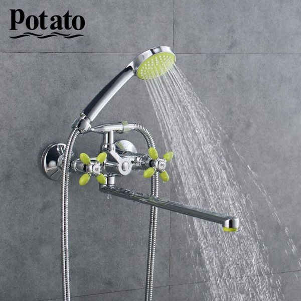 

potato 5 colors bright mordern bath faucet long nose and cold water mix bathtub shower with triple handle p2771-11 bathroom sets