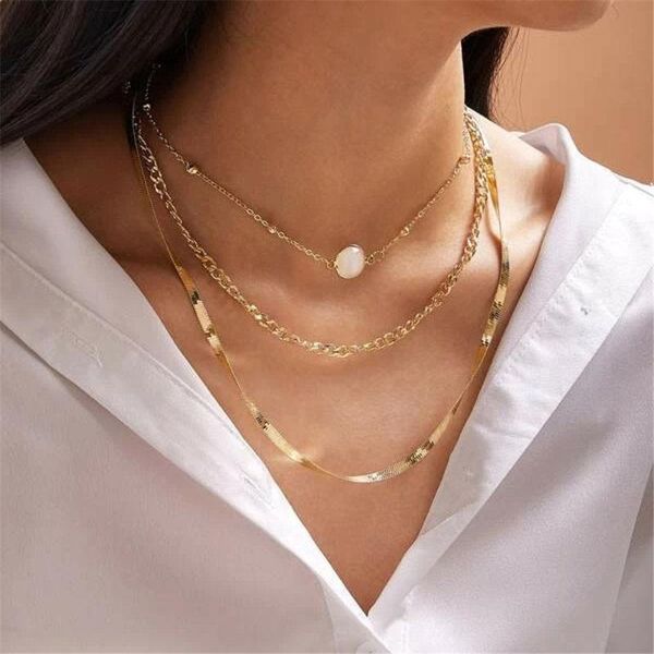 

yc-upgo 2021 vintage fashion multilevel gold milky white stone snake chain necklaces for women female jewelry gift wholesale pendant, Silver