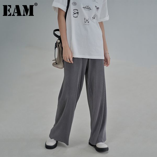 

[eam] high elastic waist gray pleated long wide leg trousers loose fit pants women fashion spring summer 1dd8758 21512, Black;white
