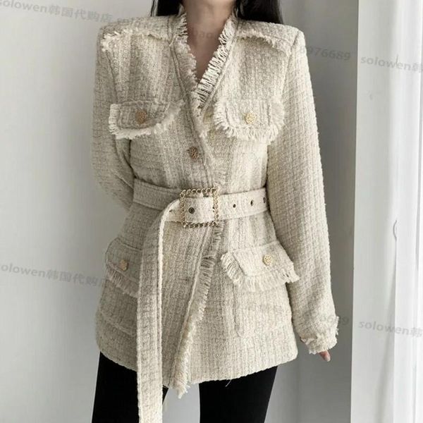 

women's jackets runway fall winter warm tweed luxury jacket v neck ladies coats elegant tassel outwear with belt casacos, Black;brown