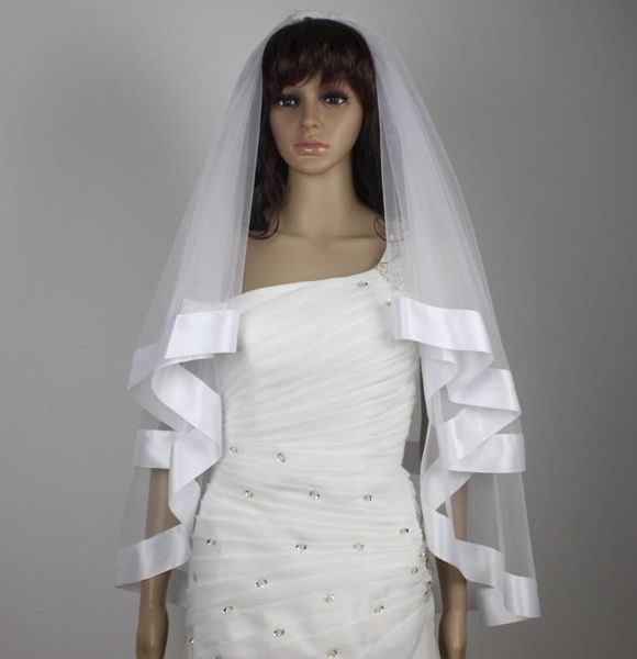 

bridal veils 2-layer wide ribbon veil bride wedding vails fingertip length ivory/white &comb short 60x90cm, Black
