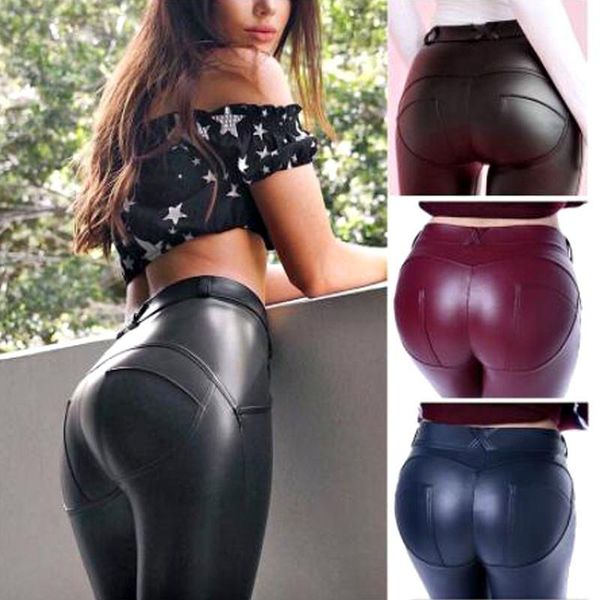 

women's pants & capris plus sizes pu leather long women elastic waist hip push up black female stretch leggings casual skinny pencil, Black;white