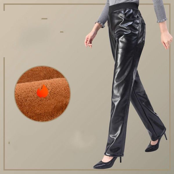 

women autumn pu solid straight pants 2021 elastic waist fashion casual female street faux leather full trousers y82 women's & capris, Black;white