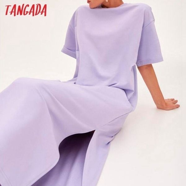 

tangada women elegant 95% cotton sweatshirt dress oversized short sleeve side open ladies midi dress 6l60 201025, Black;gray
