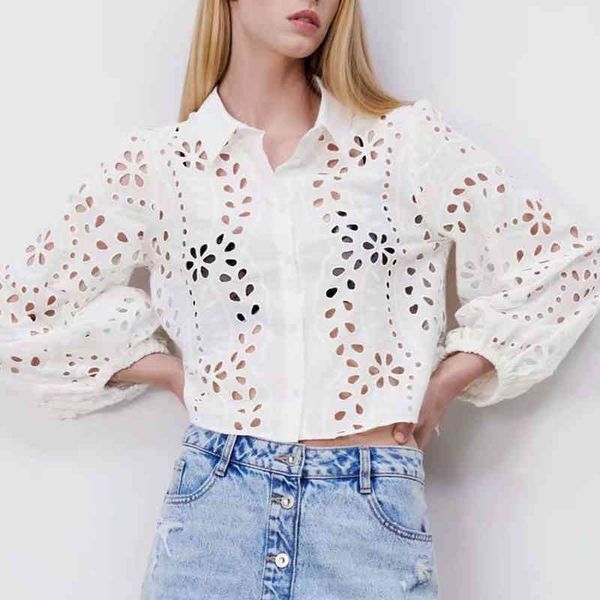 

za summer women hollow out blouse solid puff long sleeve shirt turn down collar female loose thin single breasted 210422, White