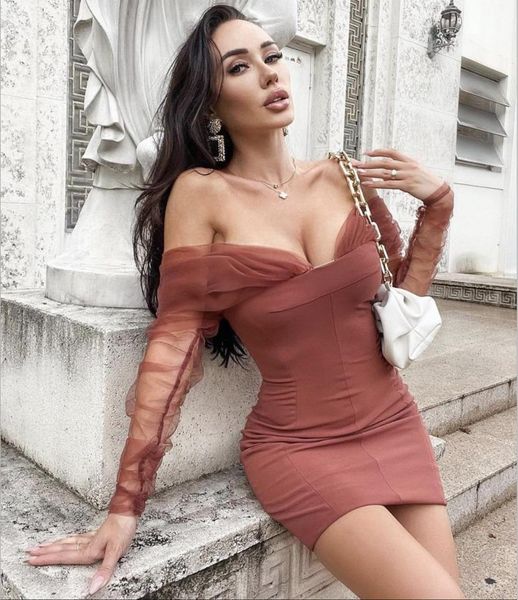 

vero sinly women winter fashion off shoulder brown mesh mini bandage dress 2021 elegant evening party vestidos casual dresses, Black;gray