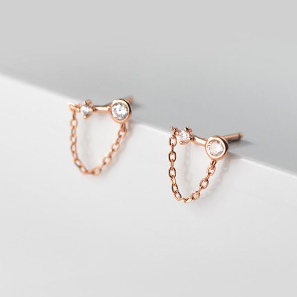 

stud korean style exquisite 925 sterling silver earrings for women simple small zircon link chain earring party jewelry, Golden;silver