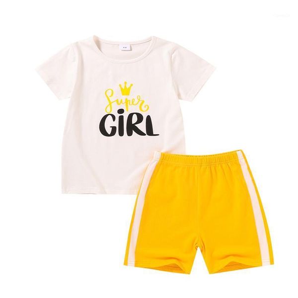 

clothing sets 2pcs toddler summerÂ outfit set letters print short-sleeves t-shirt + match color elastic waist shorts for little girls 4-9 yea, White