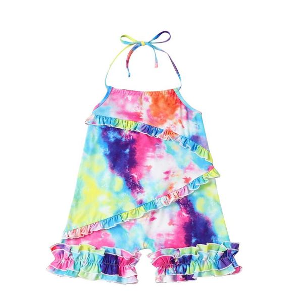 

kids jumpsuit girls tie-dyed sleeveless strappy romper playsuits for summer clothing trousers, Blue