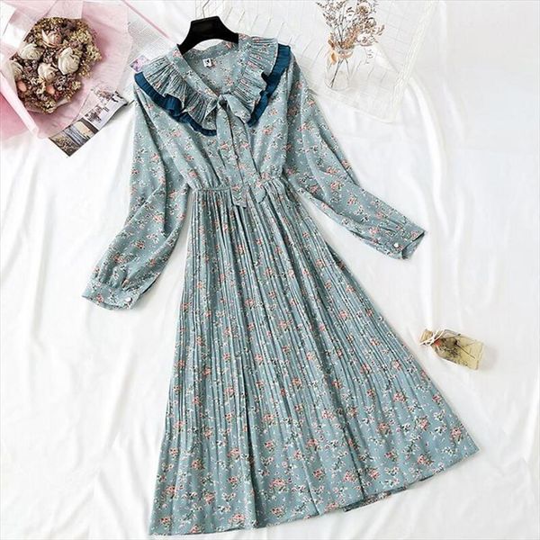 

vintage floral print chiffon womens cami dress spring summer midi long pleated women elastic waist vestido elegant, White