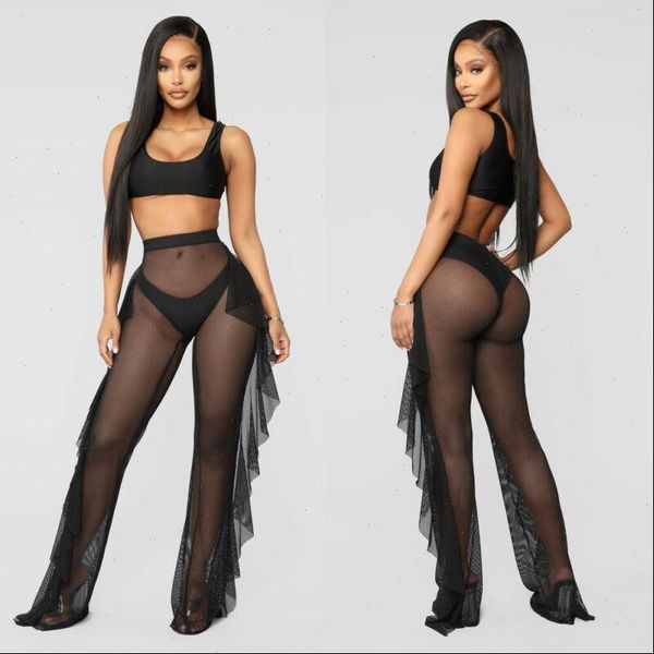 

beach cover up see womens capris through ruffle mesh sheer long trouser bikini bottoms swimsuit swimwear, Black;white