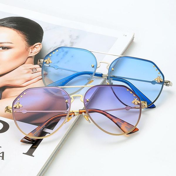 

sunglasses fashion lady rimless bee brand designer mirror gradient color glasses women men shades streetwear eyewear uv400, White;black