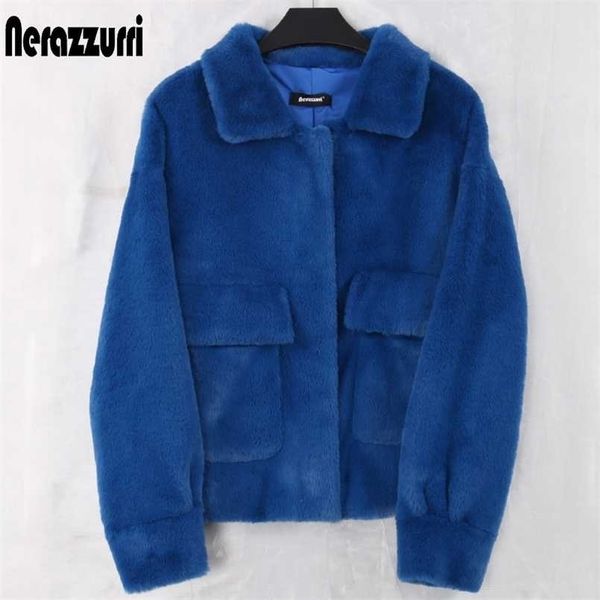 Nerazzurri Frühling Lila Blau Kurze Licht Weiche Faux Pelzmantel Frauen Langarm Taschen Herbst Koreanische Mode Pelzige Jacke 211110