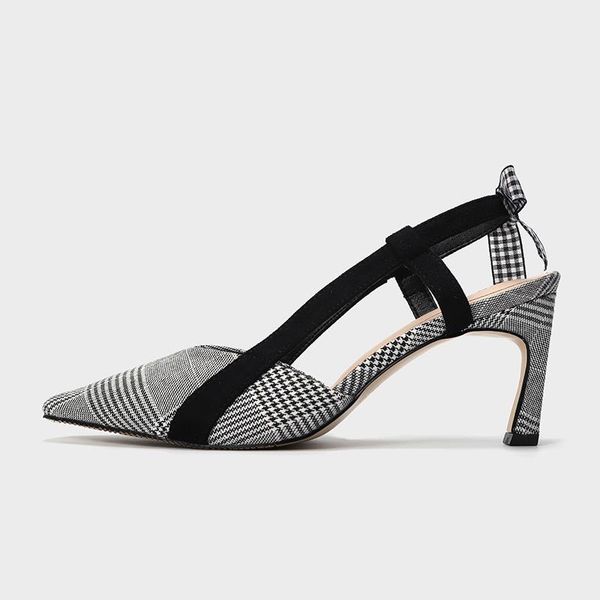 

dress shoes the summer 2021 style pointy plaids high-heeled sandals with bows for women's go strap-heeled, Black