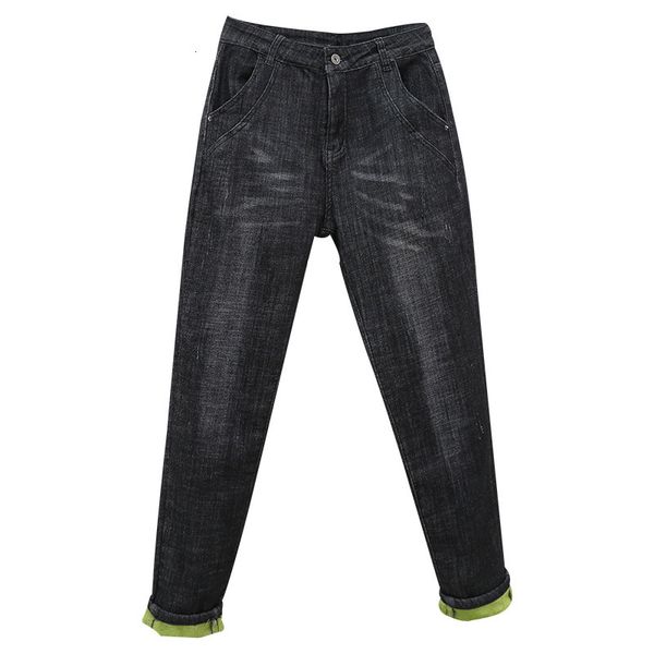 

women's jeans women winter warm thicken fleece denim harem pants boyfriend loose ripped woman high wais trousers 49ll, Blue