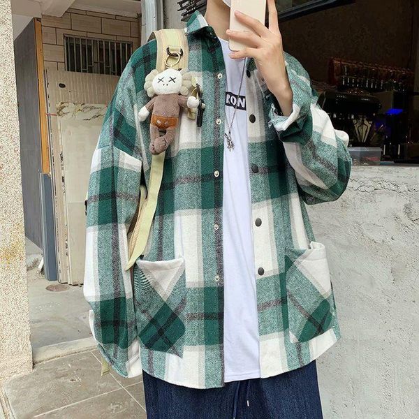 

men's casual shirts fashion retro shirt men streetwear wild loose korean long-sleeved mens xs-lspring and autumn plaid, White;black