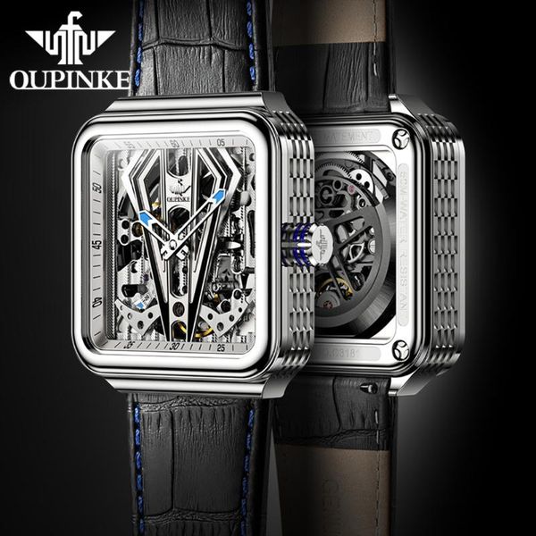 

wristwatches oupinke automatic watch men skeleton mechanical steampunk sapphire crystal square leather transparent sports wristwatch, Slivery;brown