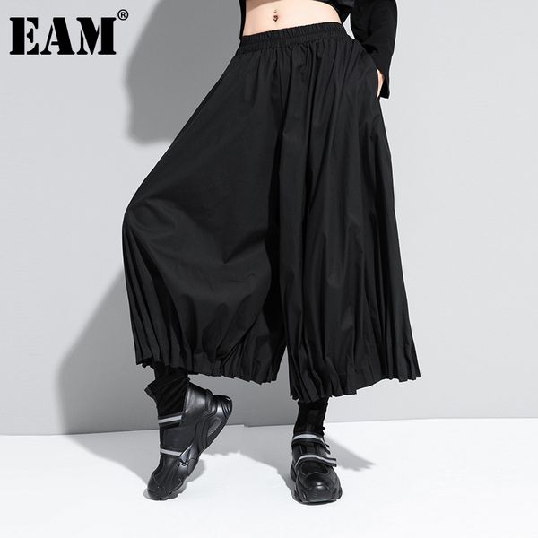 

[eam] high elastic waist black pleated split wide leg trousers new loose fit pants women fashion tide spring autumn 1da618 210319, Black;white