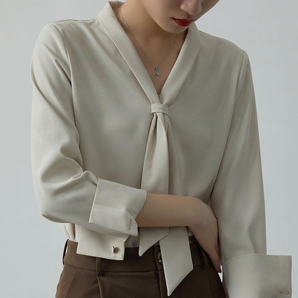 

women's blouses & shirts vetement femme 2021 chiffon french shirt v-neck ladies button up blusas female bow drop 1042, White