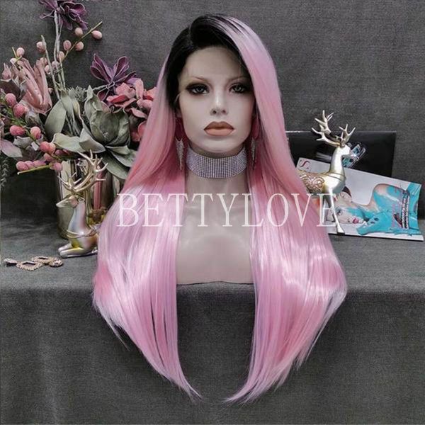 

synthetic wigs bettylove long silky straight for women high temperature fiber lace front wig black roots ombre pink cosplay