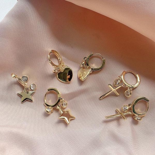 

hoop & huggie 5 pairs, tiny earrings for women girl gold cartilage jewelry heart cross star flower charm, Golden;silver